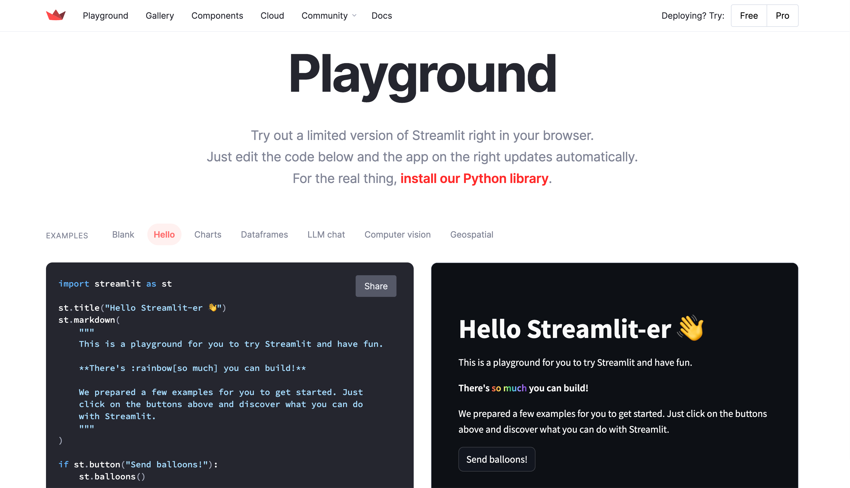 Streamlit Playground is fully loaded and ready to accept code edits